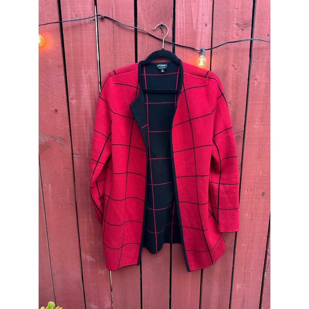 Talbots Women's M Pure Merino Wool Red Black Windowpane Open Cardigan Sweater